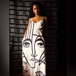 Abstract Face Print Maxi Dress 1X | Picasso Style Graphic Art Dress w/ Pockets